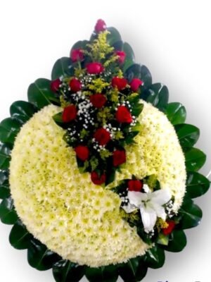 Corona Fúnebre Farallón con Rosas y Tapizado Blanco
