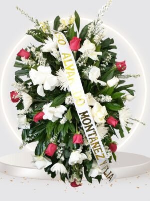 Pedestal Equidad, con Rosas Grandes, Tripode Arreglo funebre en Cascada